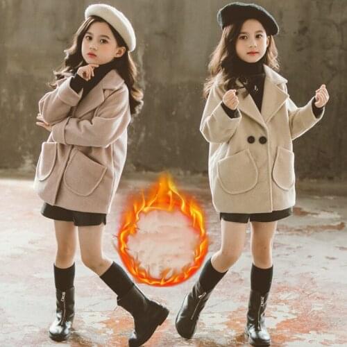 Woolen Girls Babys Kids Coat Jacket 2021 Loose Warm Thicken Winter Autumn Cotton Pocket Buttons Outerwear Childrens Clothing