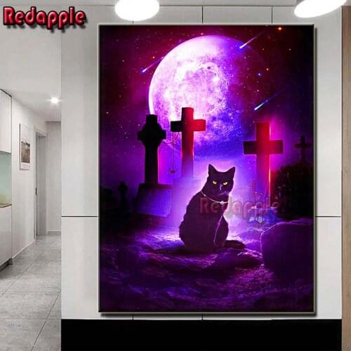 Home Decorative Diy Diamond Painting Cross, cemetery Cross Stitch Horror Halloween black cat art Full 5D Diamond Painting Planet