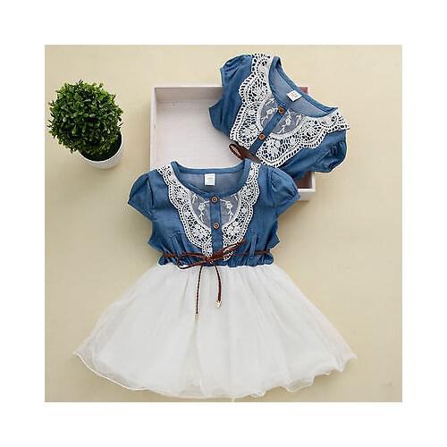 Princess Girls Baby Kids Lace Belt Denim Tulle Stitching Dresses Age 1-6Y