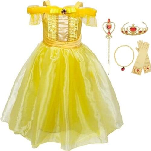 FINDPITAYA Girls Belle Dress Summer Straps Beaut and Beast Costume Children Halloween Cosplay Party Fantasy Clothes