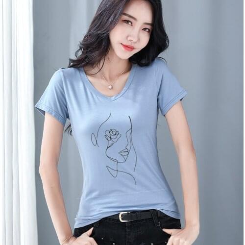 Aesthetic Womens Fashion Short Sleeve T-Shirt Face Flower Print V Neck Tshirt Ladies Summer Casual K Pop T Shirt Female Itself