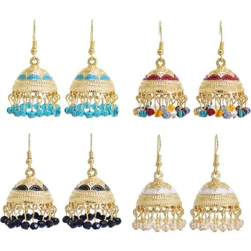 Bollywood Oxidized Colorful Beads Tassel Indian Jhumka Earrings For Women Ethnic Vintage Gold Alloy Bell Dangle Earrings Jewelry