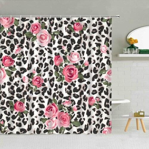 Pink Rose Classic Leopard Pattern Shower Curtain Valentines Day Love Gift Girl Bathroom Decor Fashion Waterproof Cloth Curtains