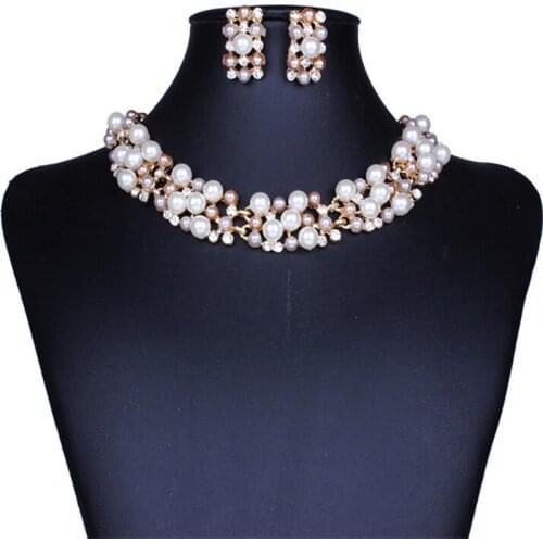 Fashion Simulated Pearl Jewelry Sets Women Crystal Wedding Bridal Flower Gold Chain Pendant Chocke Necklace Earrings Set