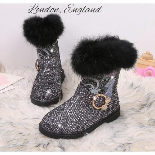 Disney female baby short boots winter new 2021 fashion sequins Princess Aisha childrens shoes plus velvet snow boots
