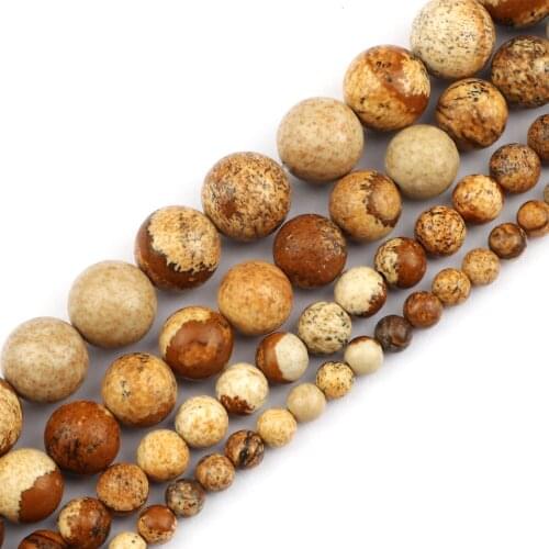 High Quality 4 6 8 10MM Picture Stone Beads Natural Brown Round Loose Beads for DIY Jewelry Making Handmade Bracelet Accessories