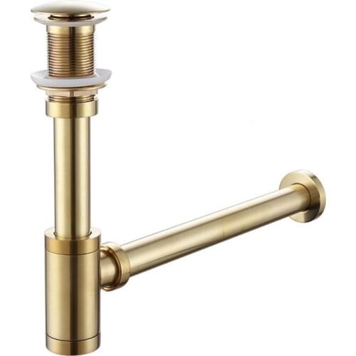 Brass Round Siphon Brushed Gold P-TRAP Deodorization Bathroom Vanity Basin Pipe Waste With Pop Up Drain Without Overflow
