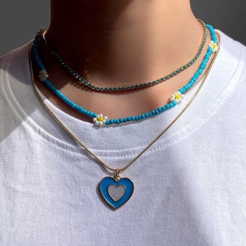 Summer Blue Handmade Seed Beads Necklace Multi-layered Glazed Heart Daisy String Bead Necklaces Women Clavicle Chain New Jewelry