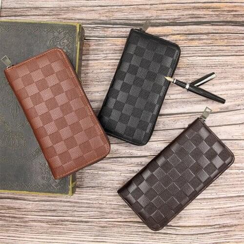 MenBense Male Clutch Zipper Long Wallet Leather Purse Plaid Check Men Wallets Coin Purses Big Capacity Money Bag Card Holder