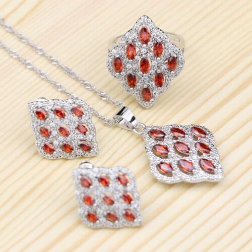 925 Sterling Silver Wedding Jewelry Sets For Bride Red Cubic Zirconia Square Shaped Necklace Stud Earring Pendant Ring Set