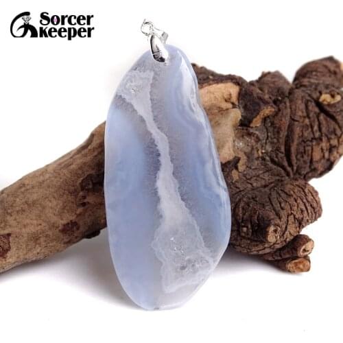 Real Natural Gem Stone Blue Chalcedony Crystal Necklace & Pendant Polished Agates Slice Beads For For Women Jewelry Making BC600