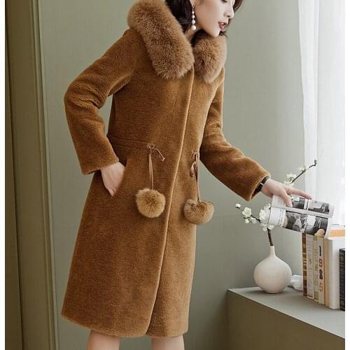 2019 new fur granules cashmere sheep sheared coat female fur one fox fur collar hooded autumn and winter long section