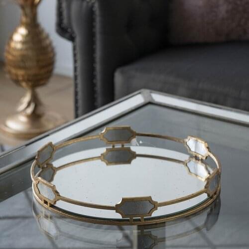 Powkhome Mirror Decoration Tray Decoration Retro Creative Sovann Round Tray Dessert Cosmetics Receive Wedding Gifts