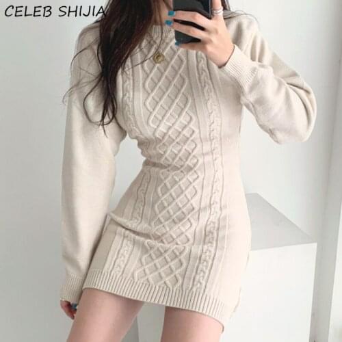 Chic Backless Knitted Dress Woman O-neck Twist Long-sleeve High Waist Bodycon Dress Female Korean Spring Sweater Dresses Woman