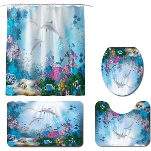 Blue dolphin Ocean Non-slip Bath Mats Carpet Bathroom Shower Curtain and Rug Sets Toilet Mat Rug Foot Pads Gift