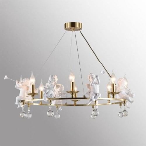 Modern Gold Plated Metal Cord Pendant Light with E14 LED Candles Bulbs Crystal Resin Angle Decoration for Living Room Dining