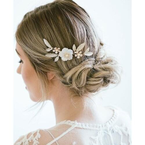 Bridal Wedding Headdress, Golden Alloy Leaf, White Shell Flower, Comb, Bridesmaid And Girl Accessories