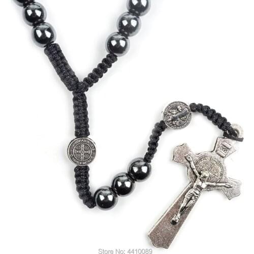 Hematite Bead Woven Rosary St Benedict Crucifix Blue Black Color Heavy Rosary For Man