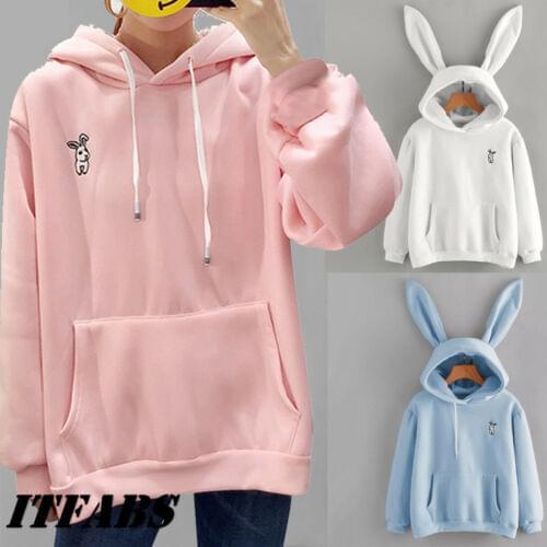 Hot Women Rabbit Ear Girl Long Sleeve Hoodie Sweatshirt Hooded Coat Tops Cute Lady Autumn Winter Warm Sweat shirts New
