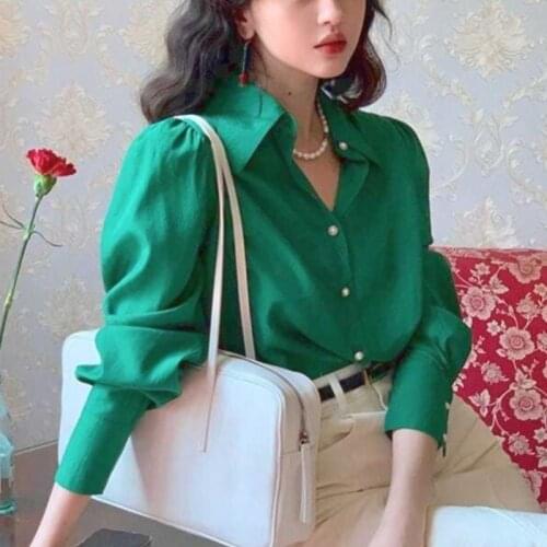 Vintage Elegant Women Blouse Summer 2021 Long Sleeve Designer Korea Retro Polo Shirt Green High Street Casual Beach France Tops