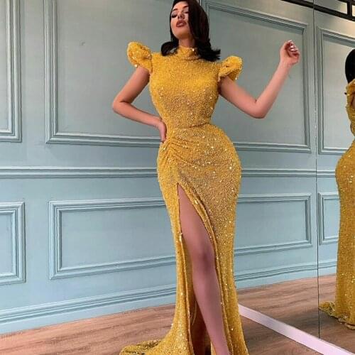 Yellow Sequined Prom Dresses High Neck Short Sleeve Bling Bling Mermaid Evening Gowns Illusion Side Split Formal Party Robes