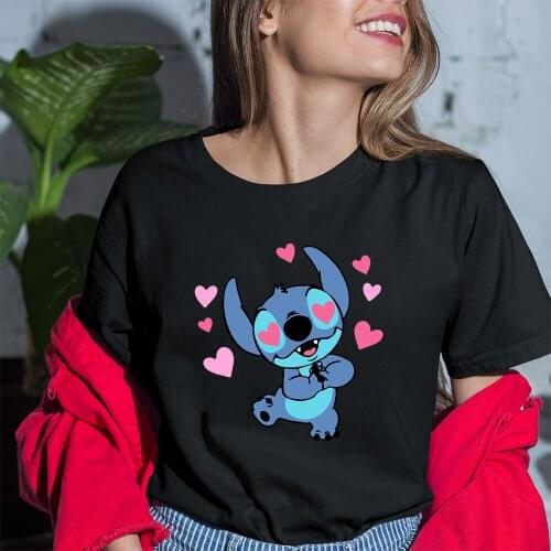 Lilo & Stitch Women T-Shirts Summer New Products Cartoon Printing Black White Fashion T Shirts Female Short Sleeve Comfortable