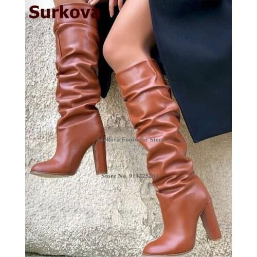 Surkova Brown Matte Leather Chunky Heel Knee Boots Pleated Slouch Dress Boots Women Fall Winter Runway Vogue Shoes Size46