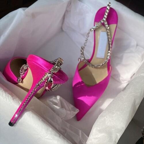 2021 New Rose Red Rhinestone Sandals Women High Heels Ladies Stiletto Square Toe Slippers Women Sandalias zapatos femenino