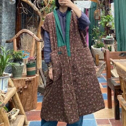 Johnature Women Vintage 2020 Winter Cotton Print Floral Long Vests Coats Chinese Style Sleeveless V-Neck Patchwork Pocket Vests