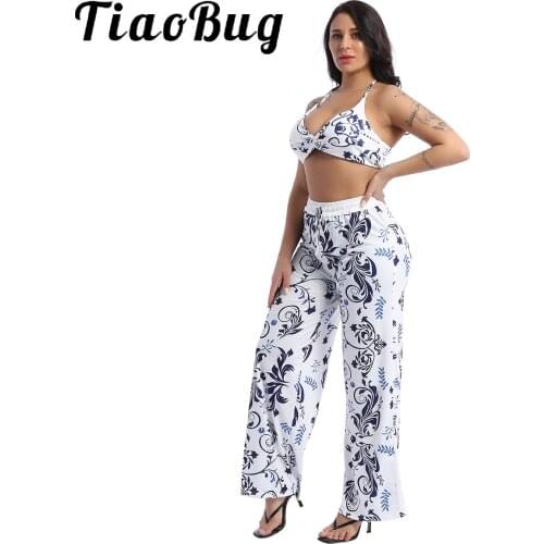 Women Casual Loose 2Pcs Set Floral Butterfly Printed Beachwear Chic Streetwear Halter Bra Top High Waist Wide Leg Pants Trousers
