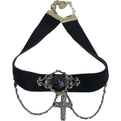 Y1UE Gothic Accessories Vintage Cross Choker With Metal Chain Goth Aesthetic Women Black Chokers Cosplay Daily Wear