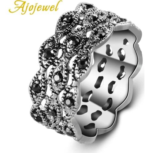 Ajojewel Brand Simple Retro Ring Finger Size 7-9 Vintage Women Jewelry With Black Rhinestones AnniversaryBague Bijouterie