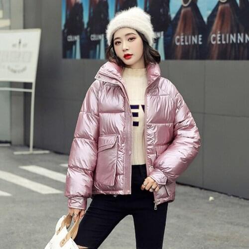 2020 Womens Autumn Winter Coats Fashion Silver Stand Collar Down Parkas Jacket Women Pockets Padded Cotton Coat waterproof Snow
