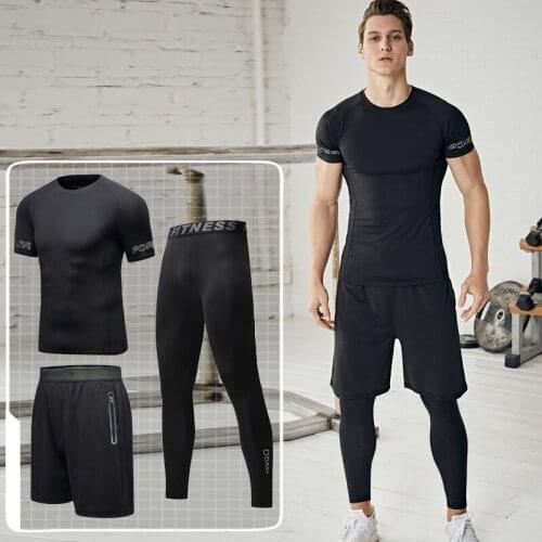 Fitness Clothing Mens Suit Three-piece Quick-drying Short-sleeved Tights Running Sports Suit Basketball Training Suit Gym