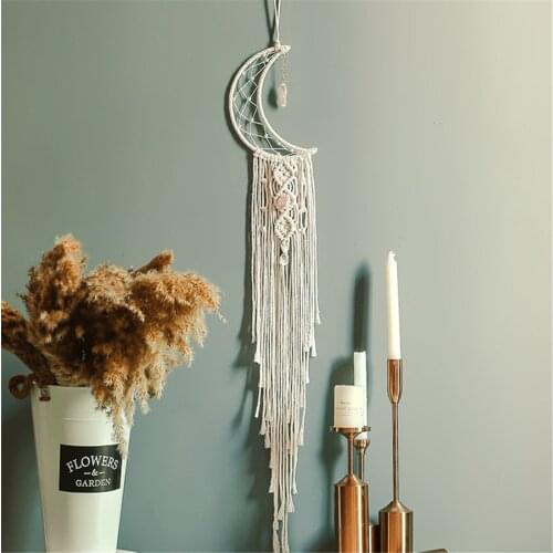Crystal Stone Moon Macrame Tapestry Aesthetic Nordic Indian Dream Catcher Boho Decor For Home Bedroom Craft Hanging Wall Pendant