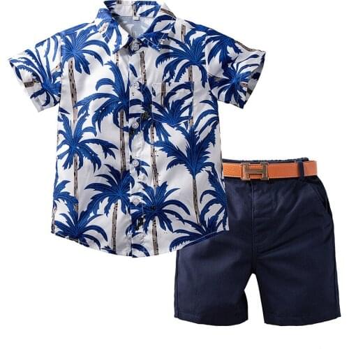 Newborn Infant Baby Boys Summer Outfit Sets Hawaiian Style Short Sleeve Button Childrens Clothes Short Pants Waist Band Suits