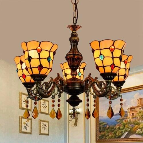 European-Style Retro Creative Tiffany Colored Glass Bar Club Living Room Dining Room Bedroom Warm Yellow 5-Head Chandelier