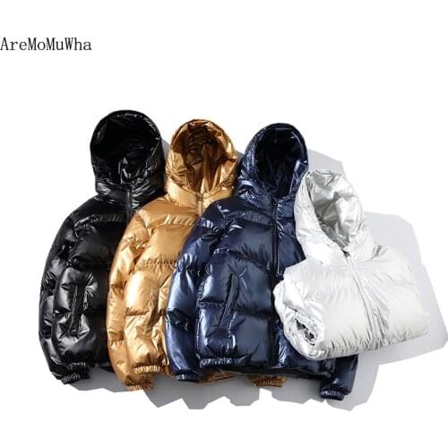 AreMoMuWha 2019 Winter New Bright Mens Hooded Thick Short Coat Youth Fashion Slim Korean Cotton Clothes Men Jacket WinterQX1331