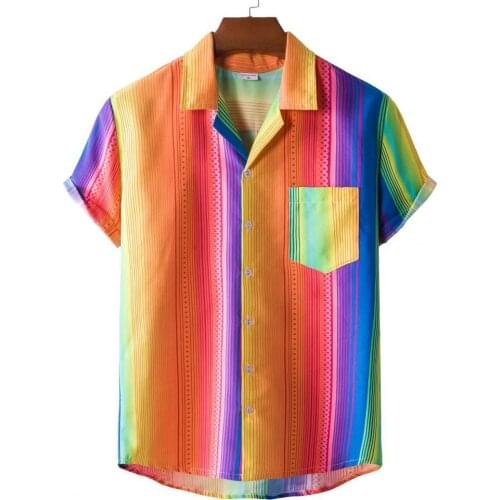 Summer Men Shirt Ethnic Style Print Casual Short Sleeve Turndown Collar Button Loose Men Hawaiian Beach Shirt