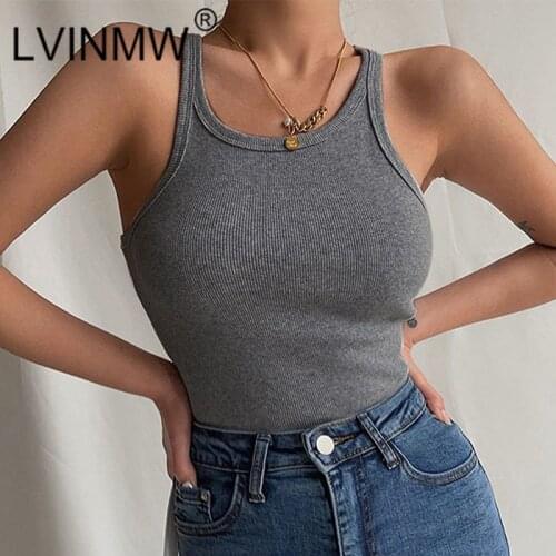 LVINMW Tank Tops Ribbed Round Neck Solid Basic Casual Crop Top Slim Fit Sleeveless Sports Summer Clothes For Women Streetwear