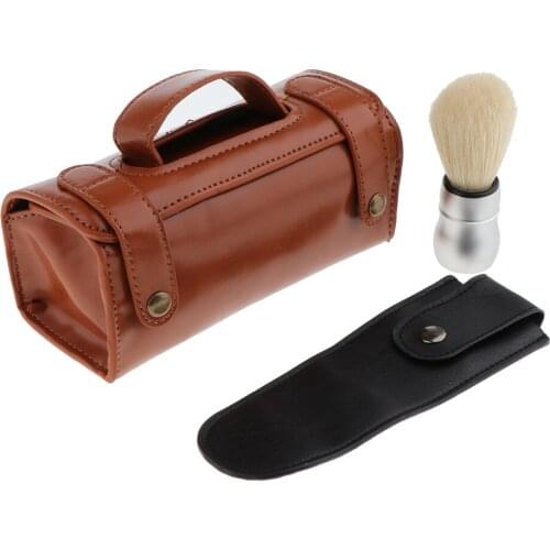 Mens Travel Shaving Set Fashion Shave Brush + Straight Edge Safety Shaver Case Holder + Vintage Storage Bag
