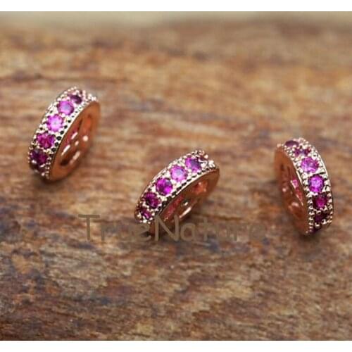 Wholesale Micro Inserts Hot Pink Plating Rose Blossom Round Shape Accessory Spacer Copper Accessory Spacer In 8*3 mm FC7761