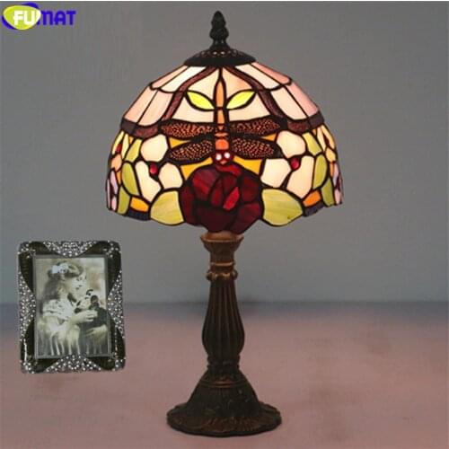 FUMAT Tiffany Style Table Lamps Rose Dragonfly Stained Glass Lampshade Alloy Base Home Decor Desk Light Handcraft Artwork 8 Inch