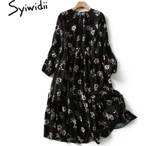 Syiwidii Dress for Women Vintage Floral Print Maxi Casual Lantern Sleeve Spring Autumn Empire Plus Size Black 2020 Fashion Long