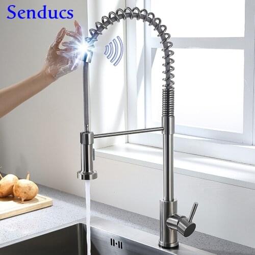 Touch Kitchen Faucets Senducs Spring Pull Down Kitchen Faucet Intelligent Touch Control Kitchen Faucets Brushed Nickel Water Tap