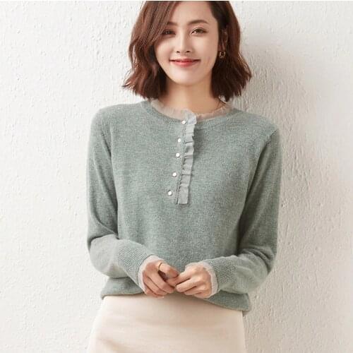 Autumn and winter pullover 100% wool sweater ladies solid color long-sleeved round neck knit fashion all-match cashmere sweater