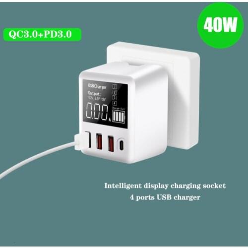 QC3.0 USB A C Port Charger 40W Quick Charge Wall Travel Mobile Phone Adapter With LED Display For iPhone
