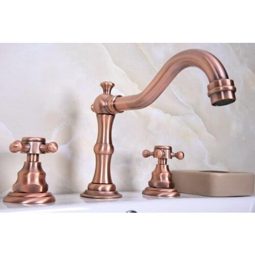 Antique Red Copper Double Cross Handle Deck-Mount 3 Hole Widespread Bathroom Lavatory Bathtub Basin Faucet Sink Mixer Tap drg059