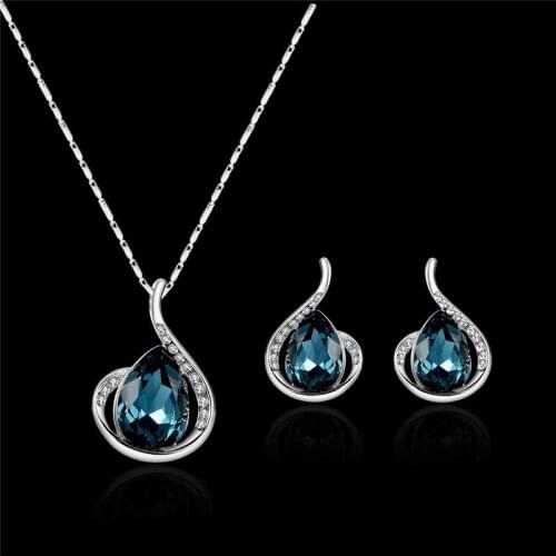 Water Drop Zircon Wedding Chain Necklace Dainty Female Blue Crystal Jewelry Set Rose Gold Silver Color Dangle Earrings For Women