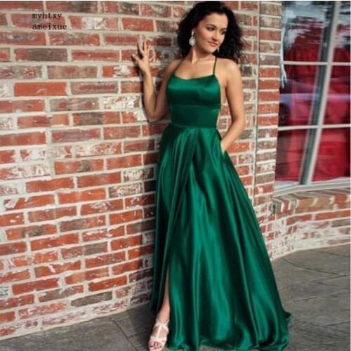 Dark Green Long Evening Dresses With Pocket Simple Women Formal Evening Party Dress Sexy Front Split Vestido De Noche Prom Dress